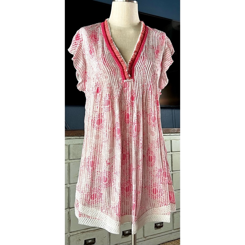 Poupette St. Barth Pink and White Pleated Mini Dress
